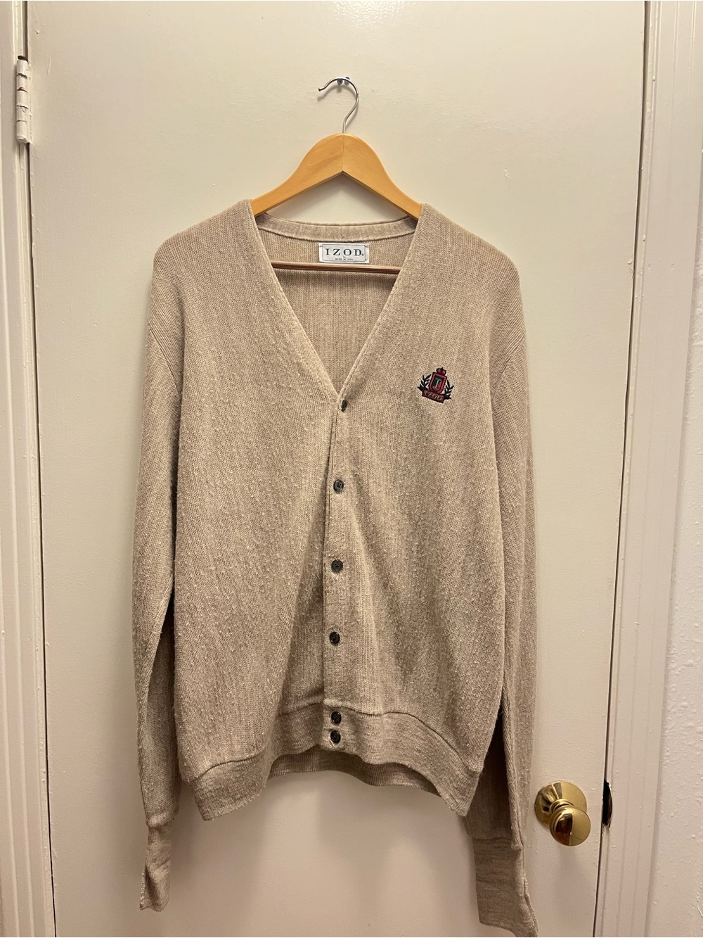 Vintage IZOD 1990’s Men’s Tan V-Neck Button Cardigan Sweater